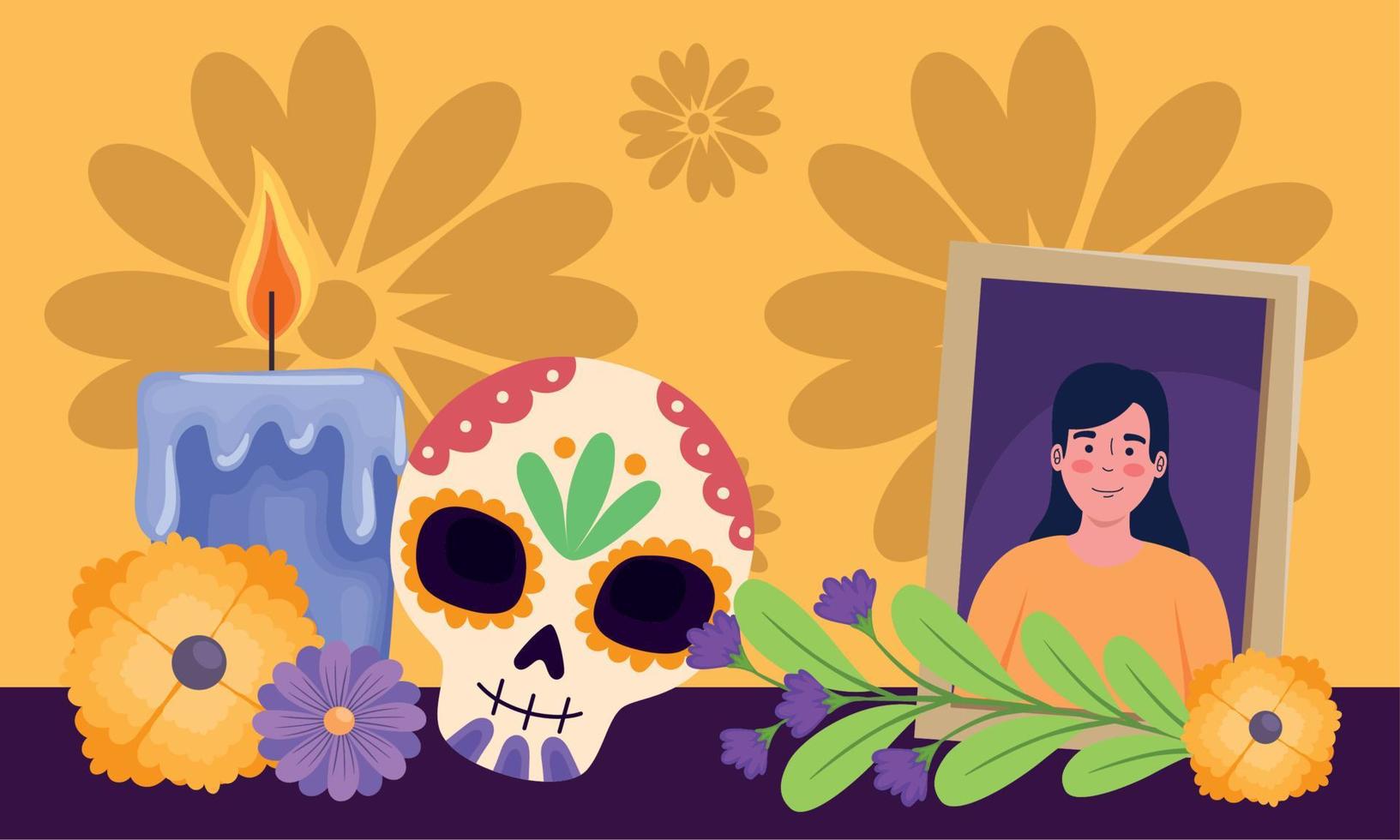 crânio dia de los muertos com altar vetor