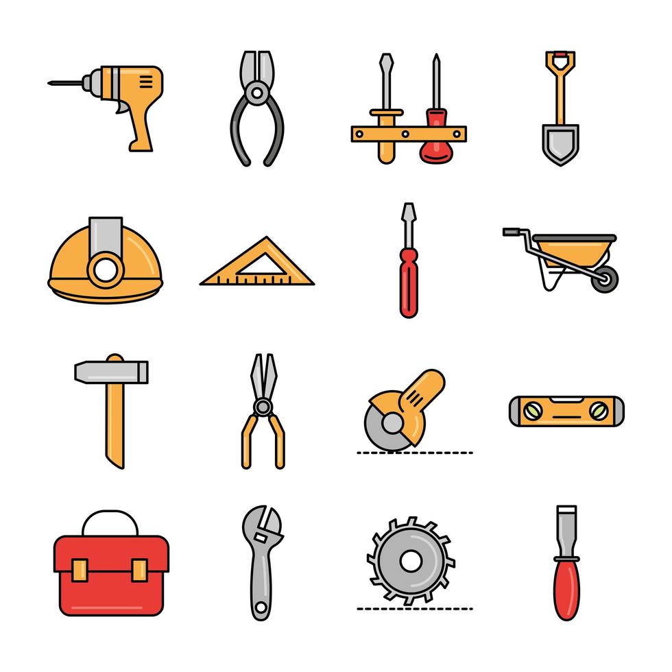 ferramentas de reparo e linha de equipamentos de construção e coleção de ícones de preenchimento vetor