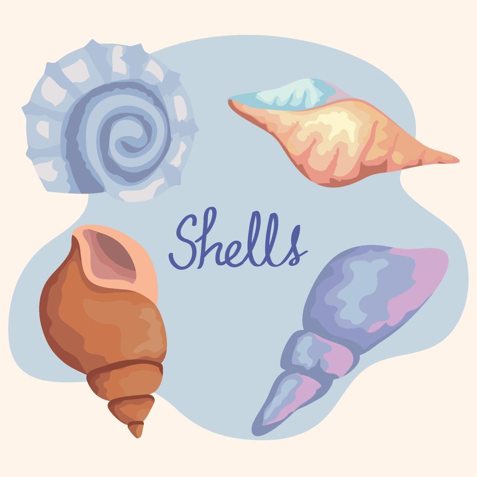 pacote de quatro ícones de conjunto de cores de conchas do mar e letras vetor