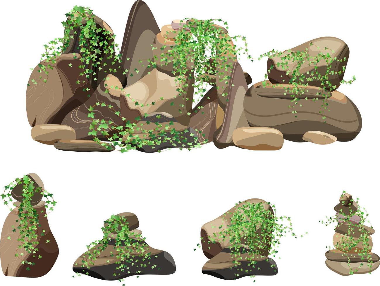 coleção de pedras e plantas de várias formas. seixos costeiros, paralelepípedos, cascalho, minerais e formações geológicas. fragmentos de rocha, pedregulhos e material de construção. vetor