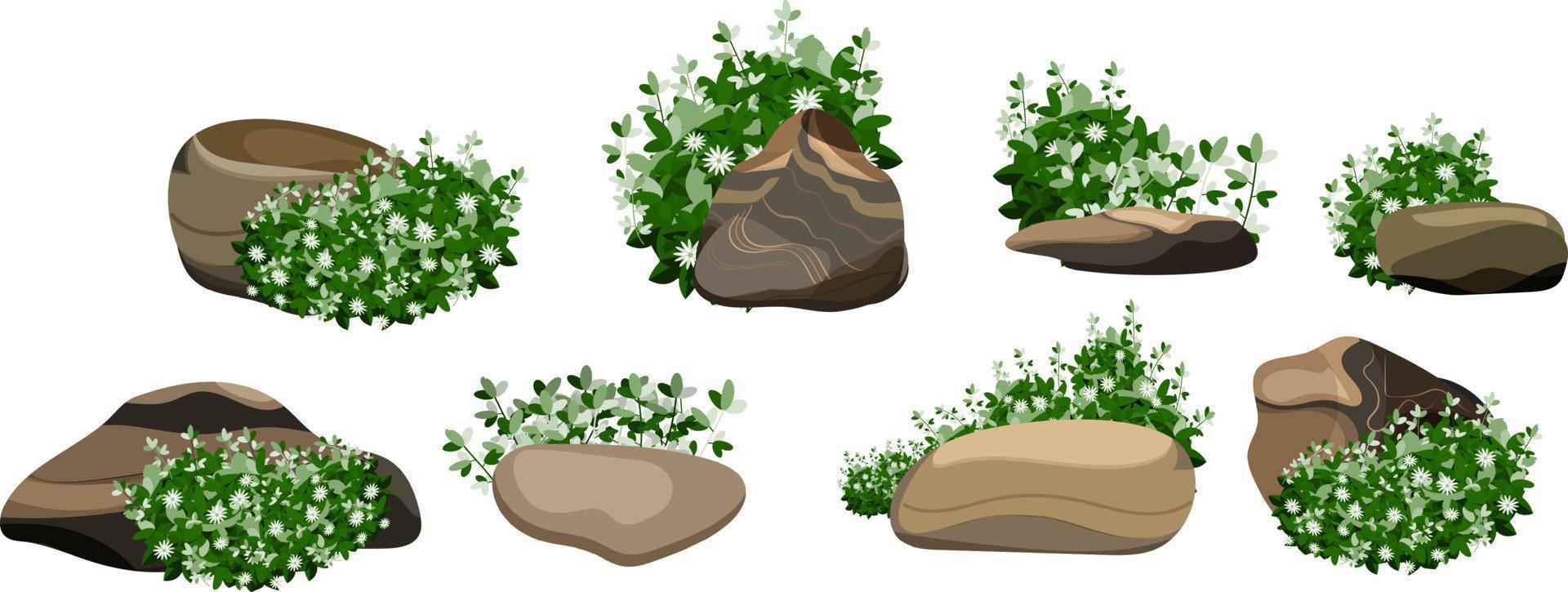 coleção de pedras e plantas de várias formas. seixos costeiros, paralelepípedos, cascalho, minerais e formações geológicas. fragmentos de rocha, pedregulhos e material de construção. vetor