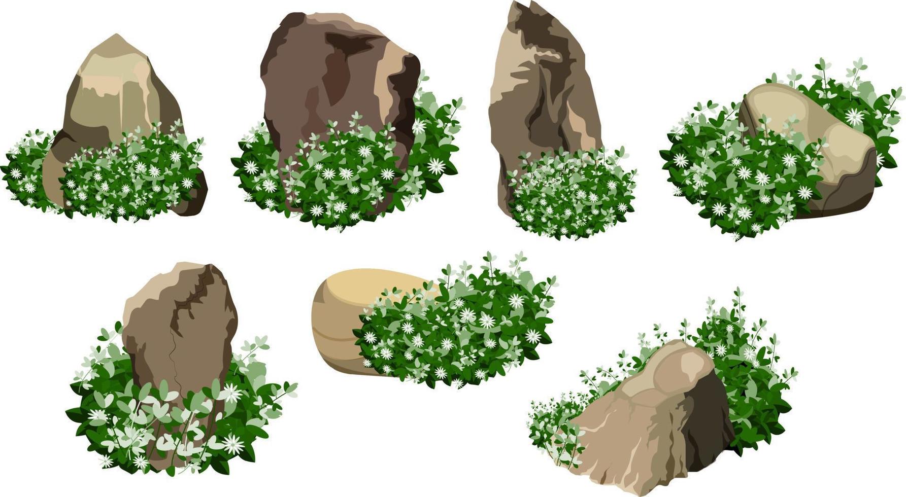 coleção de pedras e plantas de várias formas. seixos costeiros, paralelepípedos, cascalho, minerais e formações geológicas. fragmentos de rocha, pedregulhos e material de construção. vetor