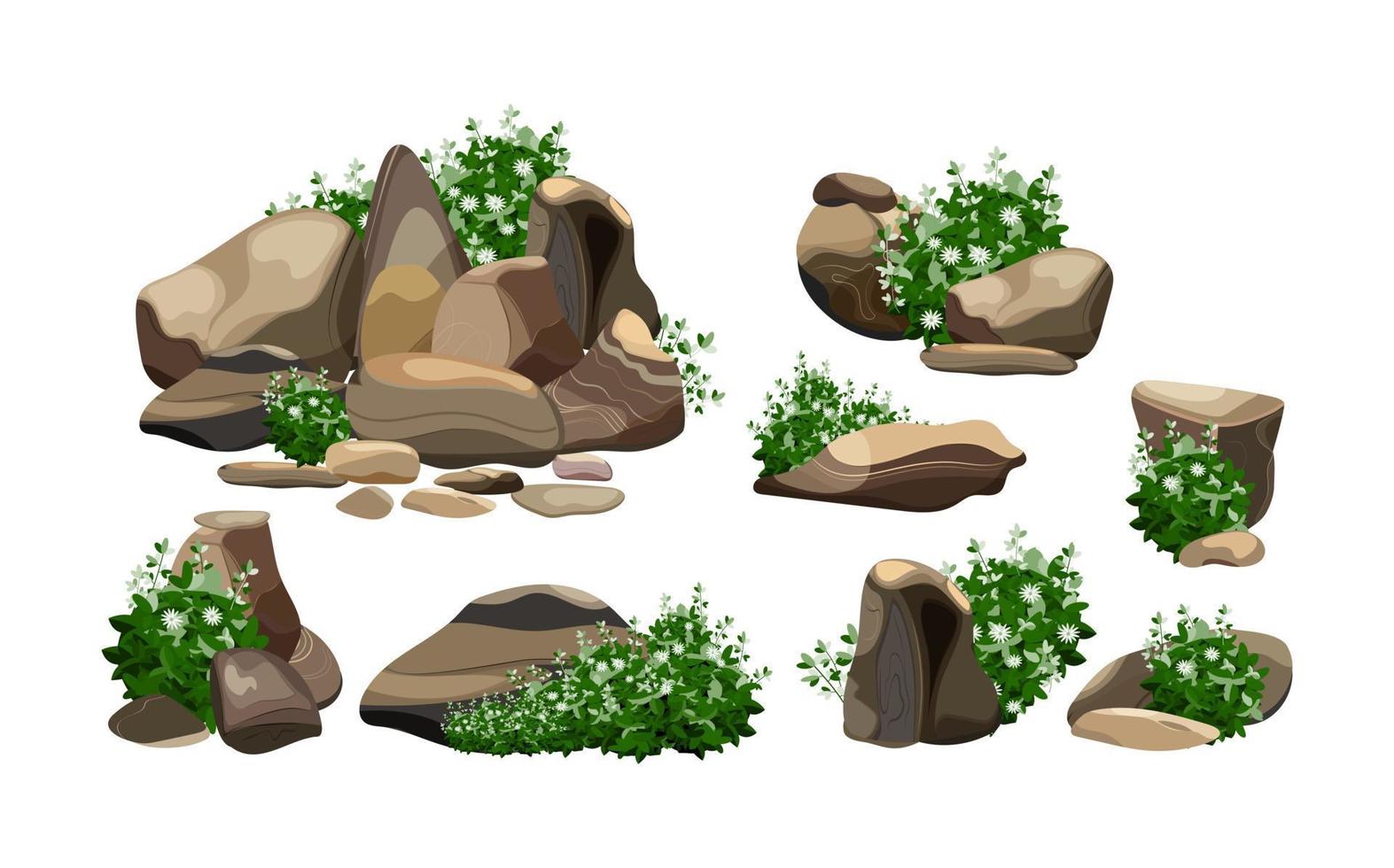 coleção de pedras e plantas de várias formas. seixos costeiros, paralelepípedos, cascalho, minerais e formações geológicas. fragmentos de rocha, pedregulhos e material de construção. vetor