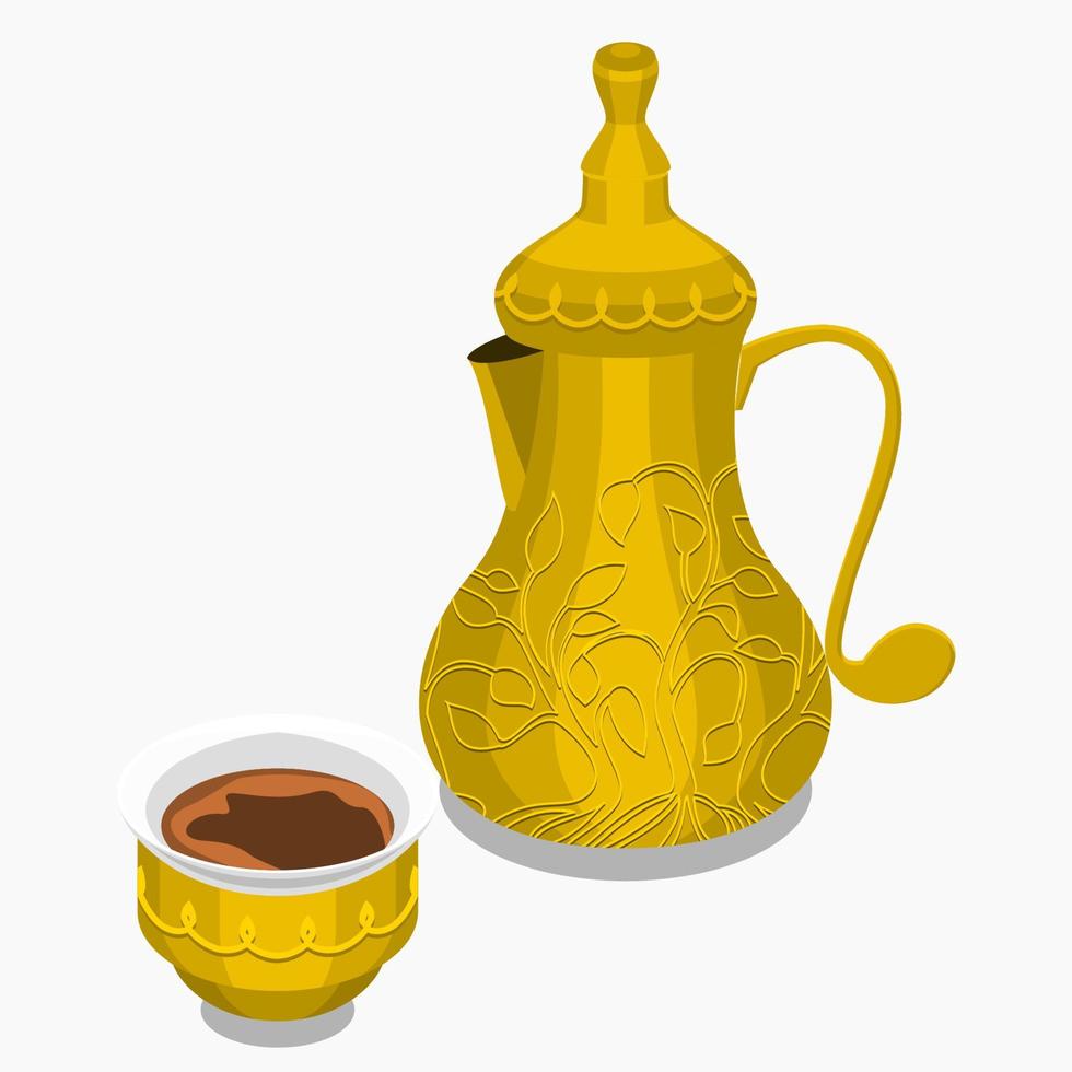 editável isolado no fundo branco café árabe em pote de dallah de fundo bulboso estampado e ilustração vetorial de xícara finjan para café com tradição de cultura do Oriente Médio e design de momentos islâmicos vetor