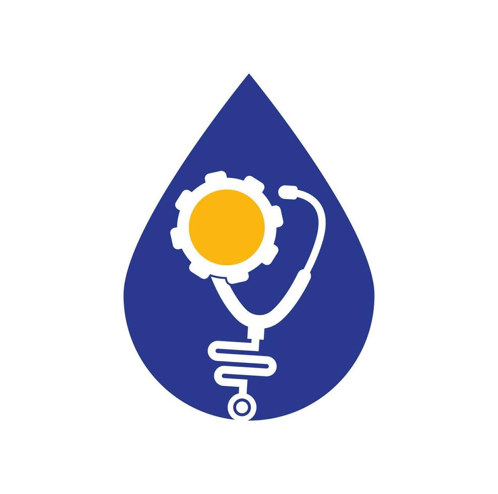 vetor de design de modelo de logotipo de conceito de forma de gota médica de engrenagem. vetor de ícone de mecanismo de roda dentada estetoscópio.