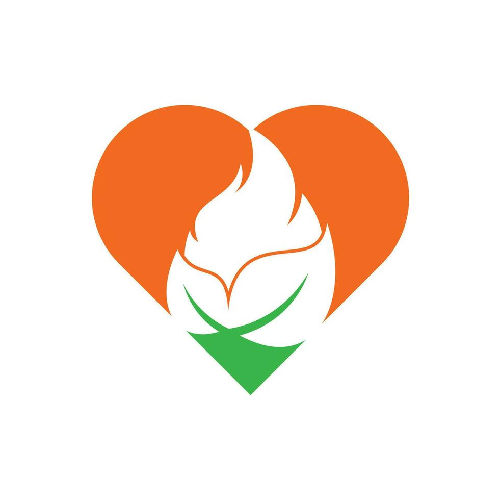 modelo de design de logotipo de vetor de conceito de forma de coração de fogo de folha. modelo de vetor de design de logotipo de energia alternativa verde eco.