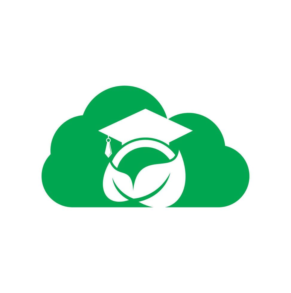 modelo de logotipo de vetor de conceito de forma de nuvem de estudante de natureza. folha com design de ícone de vetor de modelo de logotipo de chapéu de formatura.