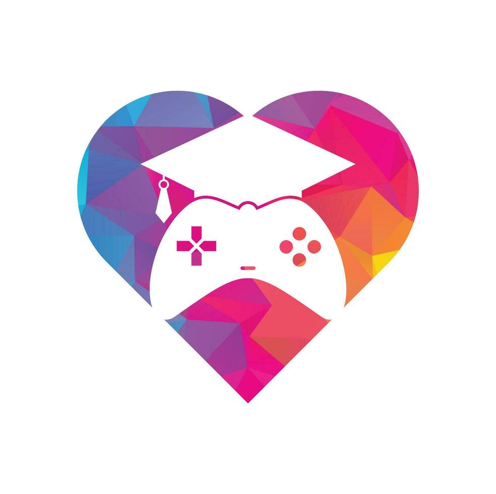 design de logotipo de vetor de conceito de forma de coração de educação de jogo. console de jogos com design de ícone de boné de formatura.
