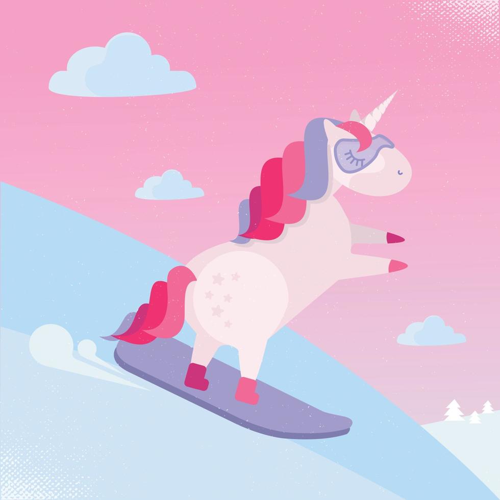 unicórnio de snowboard. unicórnio fofo deslizar por uma colina de neve em uma prancha de snowboard. ilustração de estilo cartoon plana para crianças. vetor