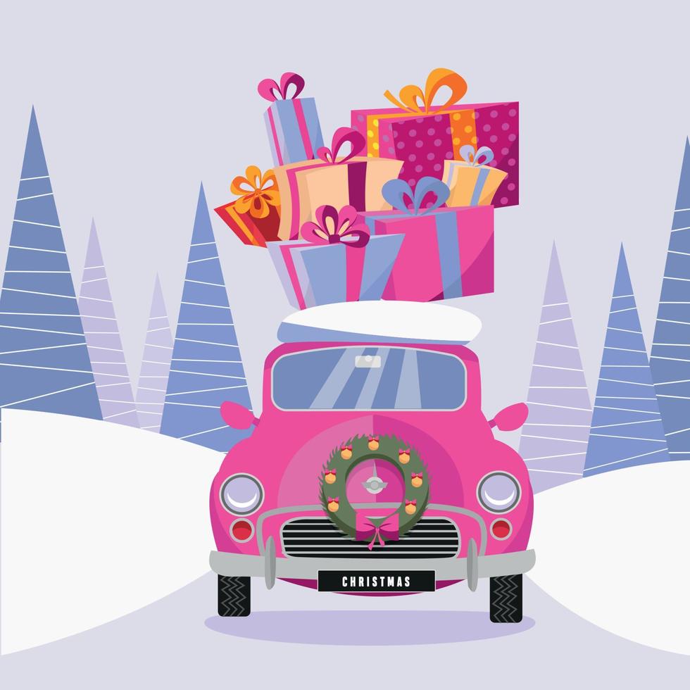 cartão postal em um estilo feminino de desenho animado plano com um carro retrô rosa fofo decorado com uma guirlanda de natal que carrega caixas coloridas de presente para casa. o carro passa por uma floresta congelada. ilustração vetorial vetor