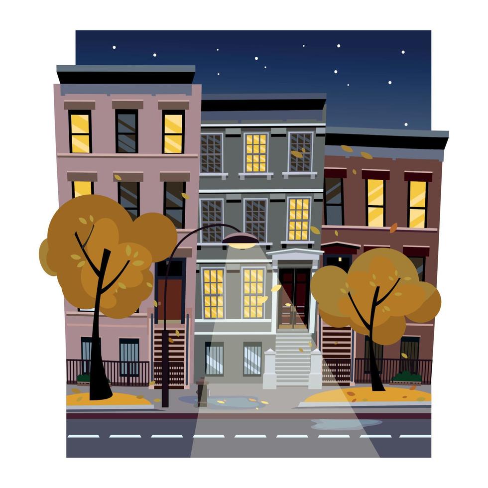 ilustração em vetor plana dos desenhos animados da área urbana histórica. paisagem de rua da cidade à noite.
