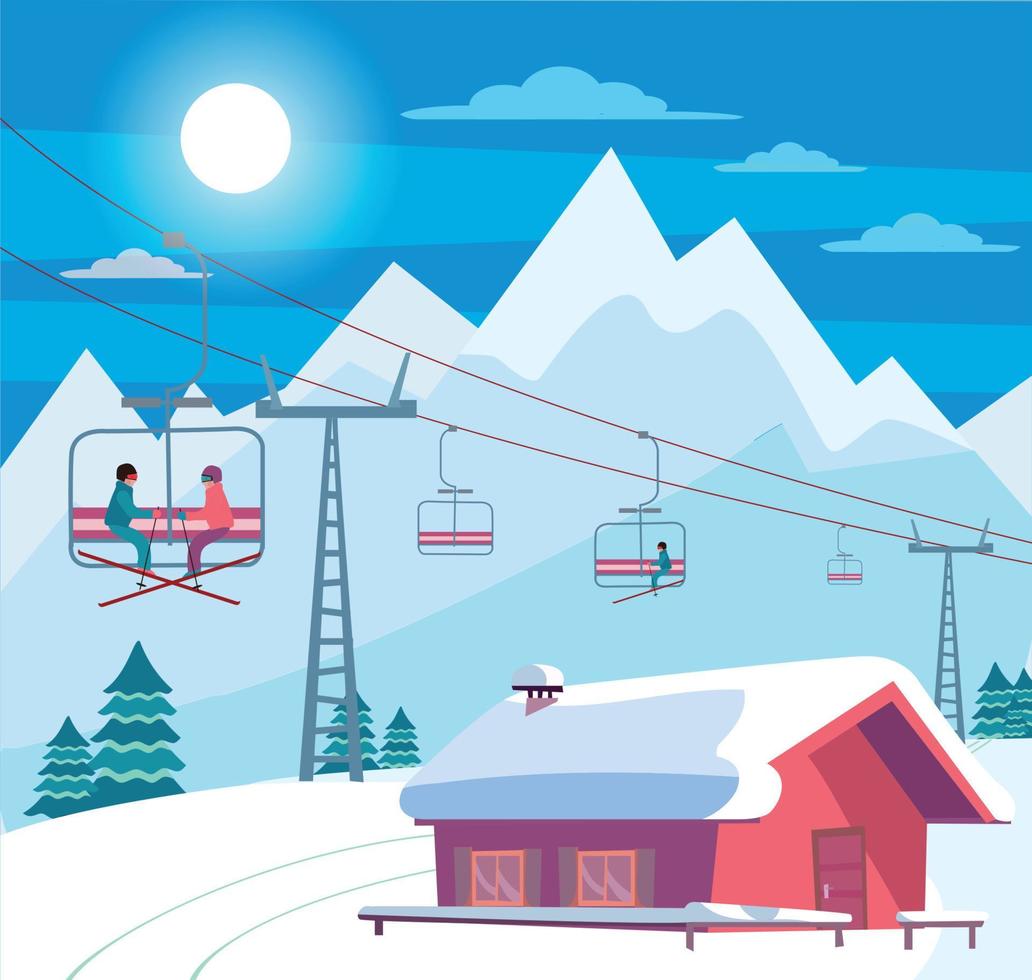 paisagem de inverno nevado com estância de esqui, elevador, teleférico, casa vermelha com telhado coberto de neve, alpes, abetos, natureza e paisagem de montanhas de inverno. tempo ensolarado. ilustração em vetor estilo cartoon plana