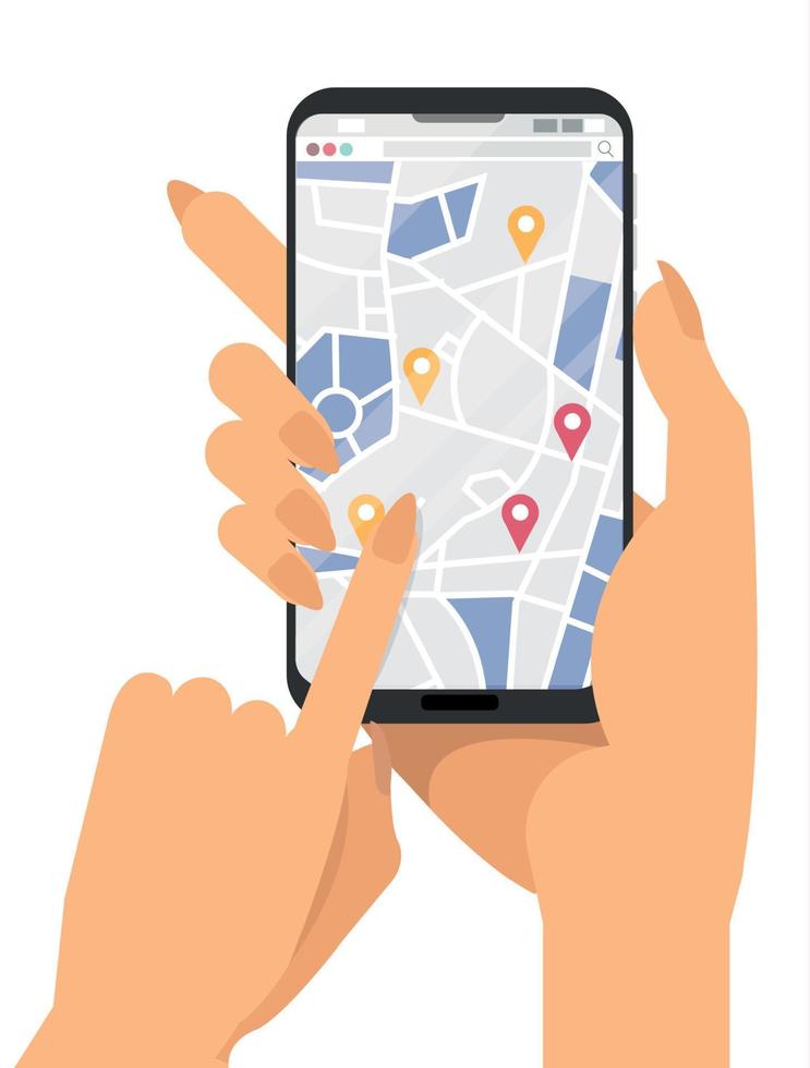 mãos femininas segurando smartphone com navegação gps móvel e mapa da cidade com sinais de geolocalização na tela. uma mulher pede um táxi ou quer alugar um carro ilustração vetorial plana dos desenhos animados vetor