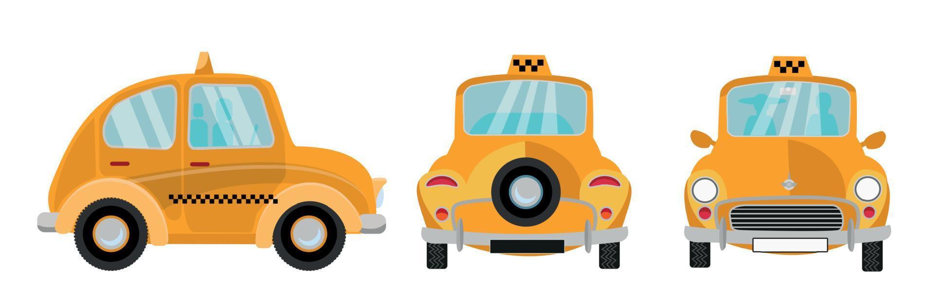 carro de táxi em fundo branco. veículo de cidade bonito retrô amarelo, marca de táxi. conjunto de 3 vistas frontal, traseira e lateral. ilustração em vetor plana isolada dos desenhos animados