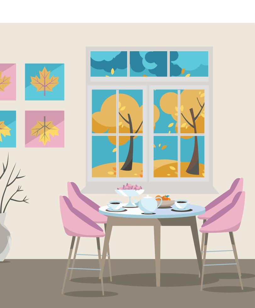 mesa de jantar de ilustração plana com cadeiras e xícaras de café perto da janela com vista para o outono e thees amarelo, ilustração vetorial colorida em estilo plano de desenho animado em fundo bege. vetor