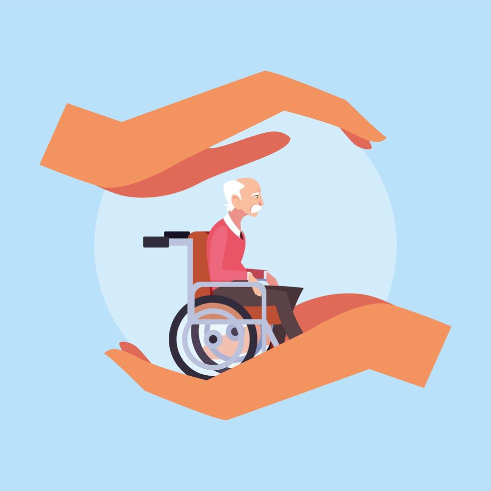 mãos segurando o velho em uma cadeira de rodas vetor