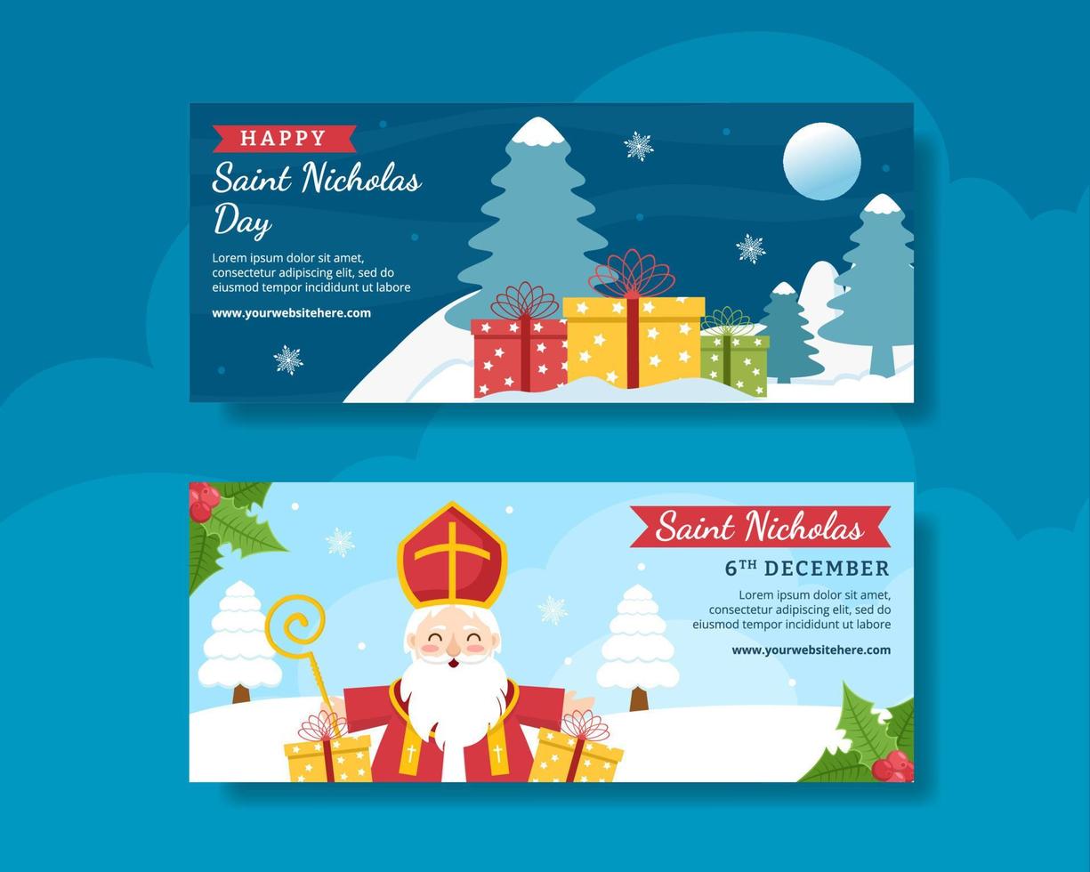 dia de são nicolau ou modelo de banner horizontal sinterklaas ilustração plana de desenhos animados desenhados à mão vetor