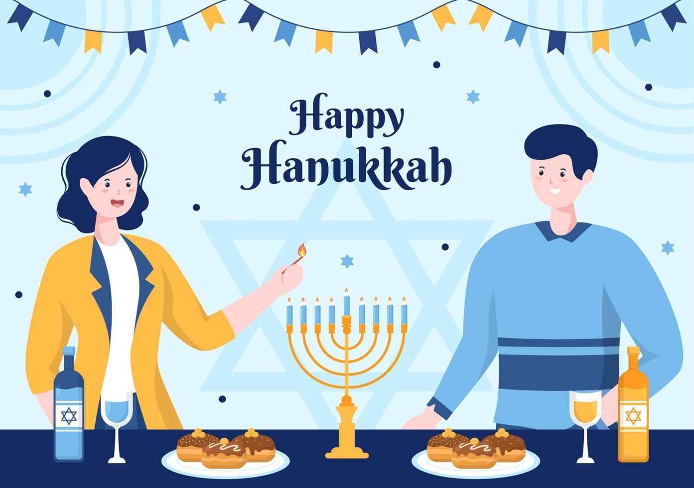 feliz hanukkah modelo de plano de fundo de feriado judaico ilustração plana de desenhos animados desenhados à mão vetor