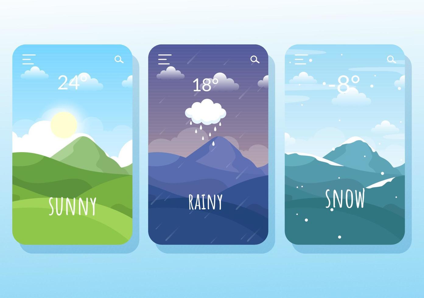 tipos de condições climáticas com ensolarado, nublado, ventoso, chuvoso, neve e tempestuoso em modelo de ilustração plana de desenho animado desenhado à mão vetor