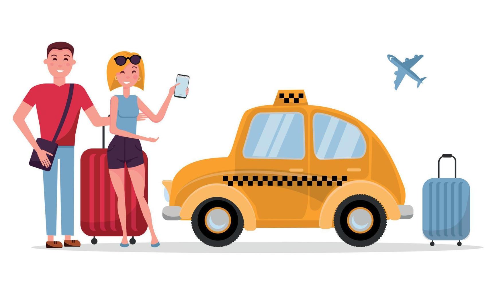 casal de turistas jovem e mulher chamou um táxi pelo celular. malas sobre rodas e uma pilha de bagagem perto do carro. vista lateral do táxi amarelo bonito. ilustração em vetor plana dos desenhos animados