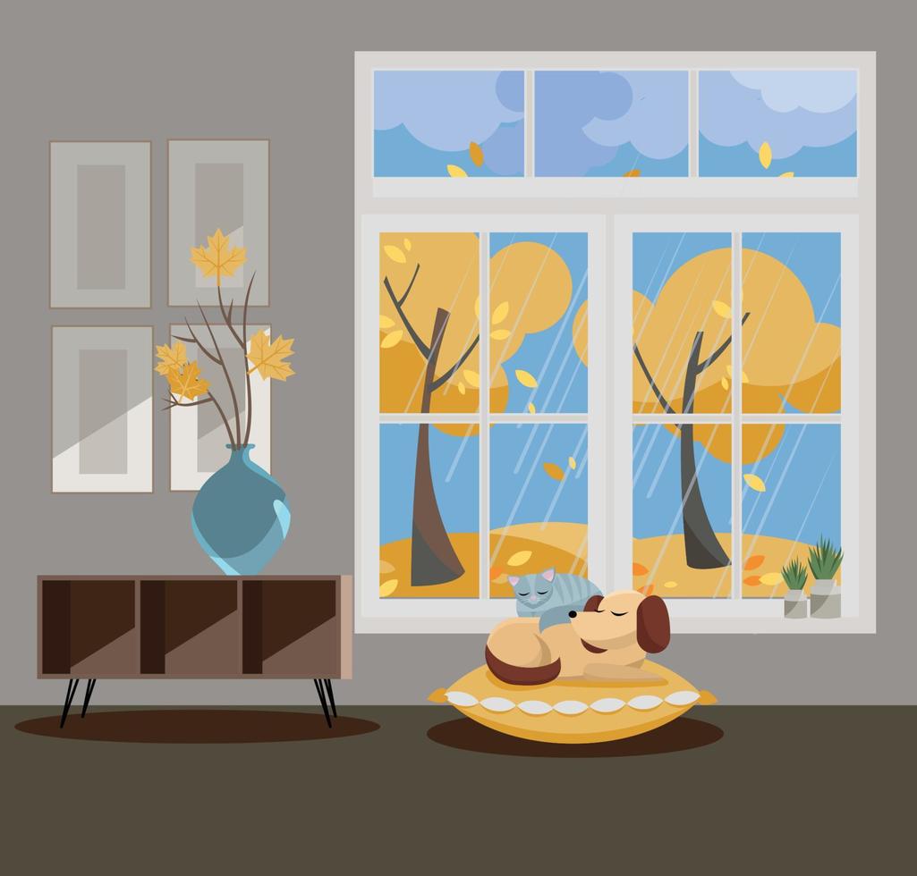janela com vista para árvores amarelas e folhas voadoras. interior de outono com gato e cachorro dormindo, vasos, fotos em papel de parede cinza. bom tempo chuvoso lá fora. ilustração em vetor estilo cartoon plana.