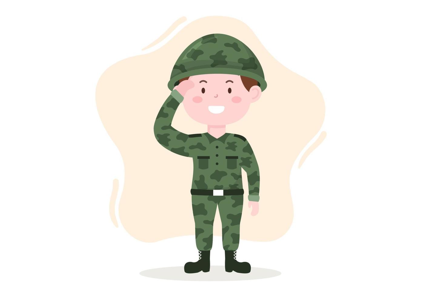 modelo de força do exército militar desenhado à mão ilustração plana de desenho animado bonito com soldado, arma, tanque ou equipamento pesado de proteção vetor
