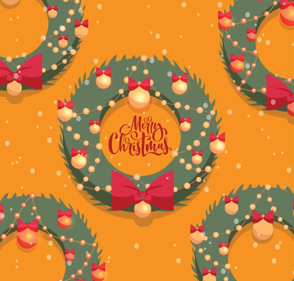 feliz natal cartão com letras texturizadas. guirlandas de natal verde decoradas por laço vermelho e bolas douradas em fundo laranja com neve branca. ilustração em vetor estilo cartoon plana