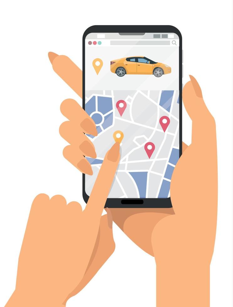 duas mãos femininas segurando smartphone e tela tocante com mapa da cidade e navegação por gps móvel. encontrar o compartilhamento de carro para alugar. ilustração vetorial de desenho animado plano com veículo moderno amarelo vetor