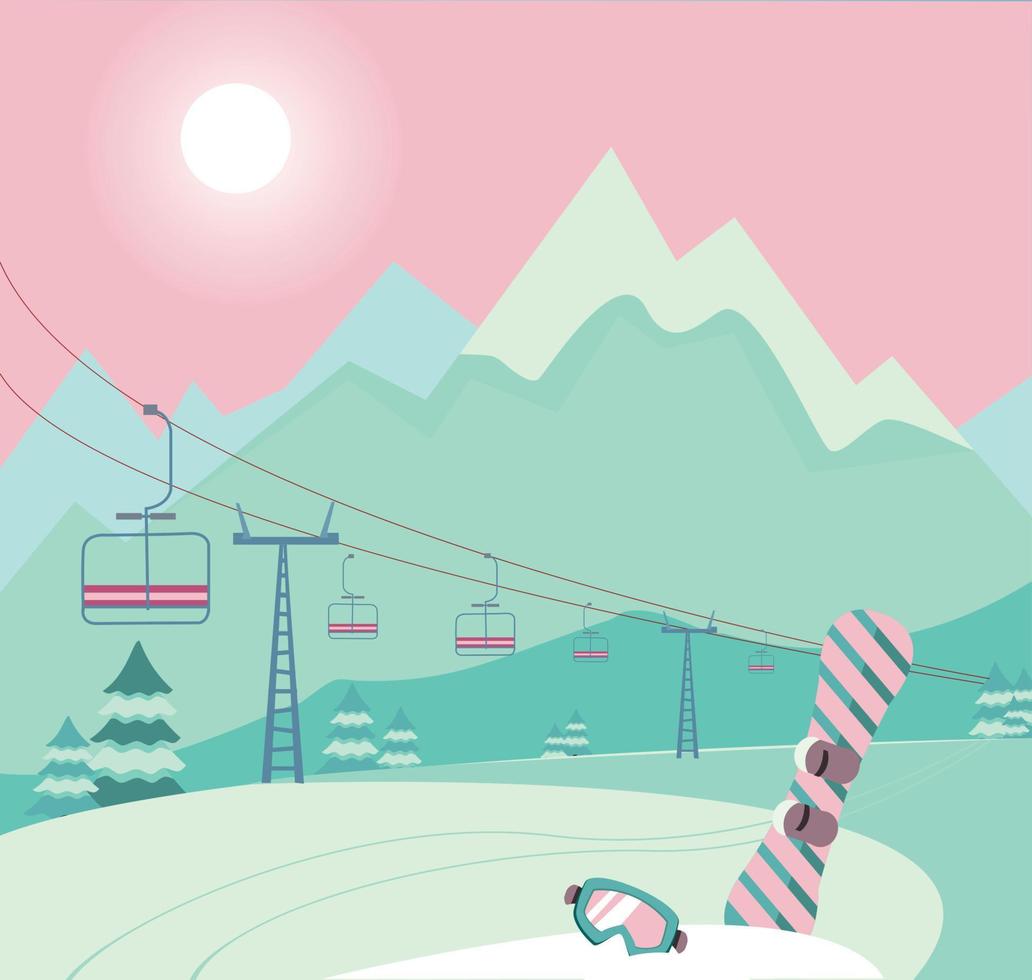 paisagem de inverno nevado com equipamento de esqui snowboard e óculos de esqui, elevador, trilha, Alpes, abetos, tempo ensolarado, fundo panorâmico de montanhas. a temporada de resorts de esqui está aberta. design de banner web de inverno. vetor