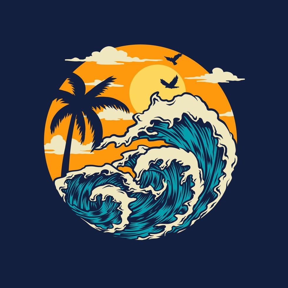 ondas do mar estilo de linha desenhada à mão com cor digital, ilustração vetorial vetor