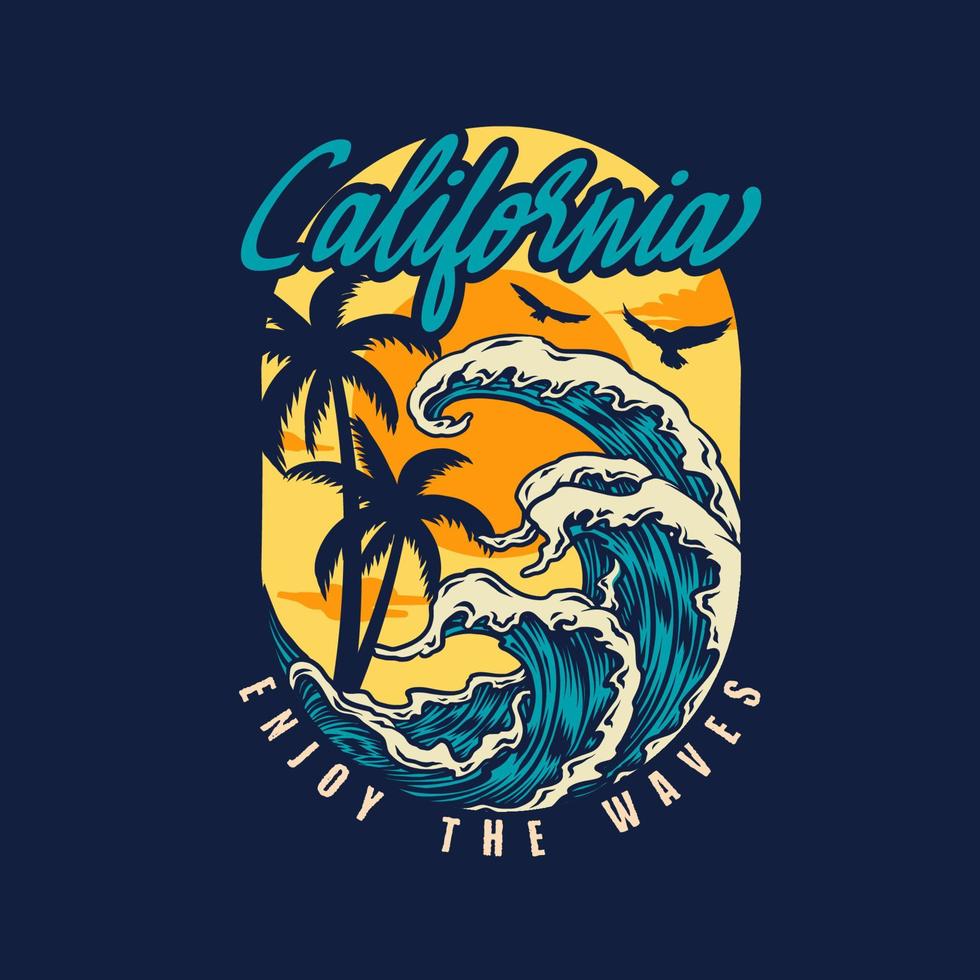 design de t-shirt da califórnia com ondas, palmeiras e sol. ilustração vetorial. vetor