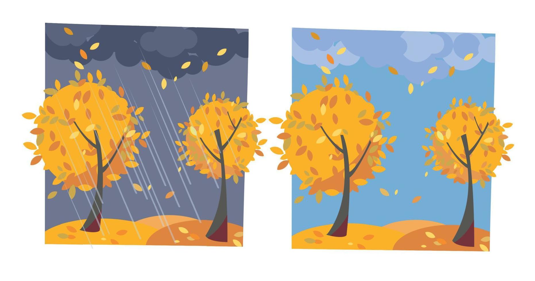 árvores amarelas de outono com folhas a voar. conjunto de duas imagens não paralelas com vista de bom tempo ensolarado e tarde chuvosa. ilustração em vetor plana dos desenhos animados. árvores com coroa redonda de folhas clássicas