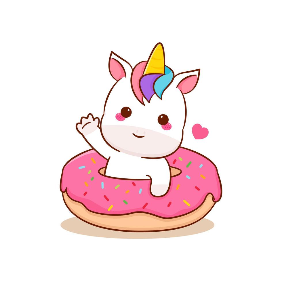 desenho de unicórnio pegasus mágico bonito come vetor de rosquinha. animal kawaii dos desenhos animados de pônei. Isolado em um fundo branco.