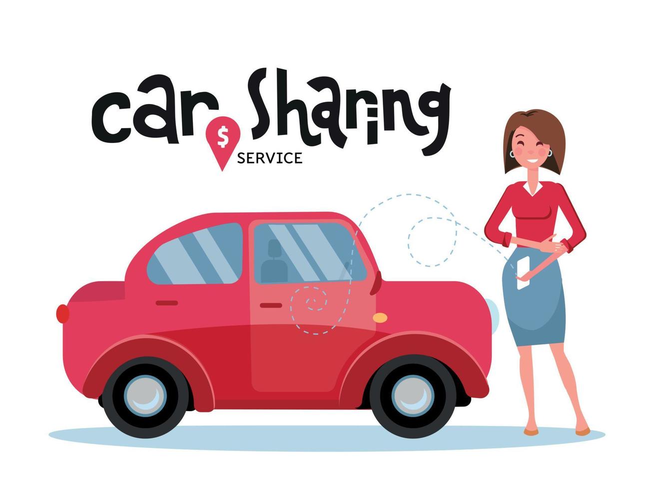 mulher solicitando carona no celular. alugue um carro usando o aplicativo móvel. conceito de carshering de letras on-line pequeno carro vermelho bonito em fundo branco com sinal de geolocalização ilustração de desenho plano em vetor