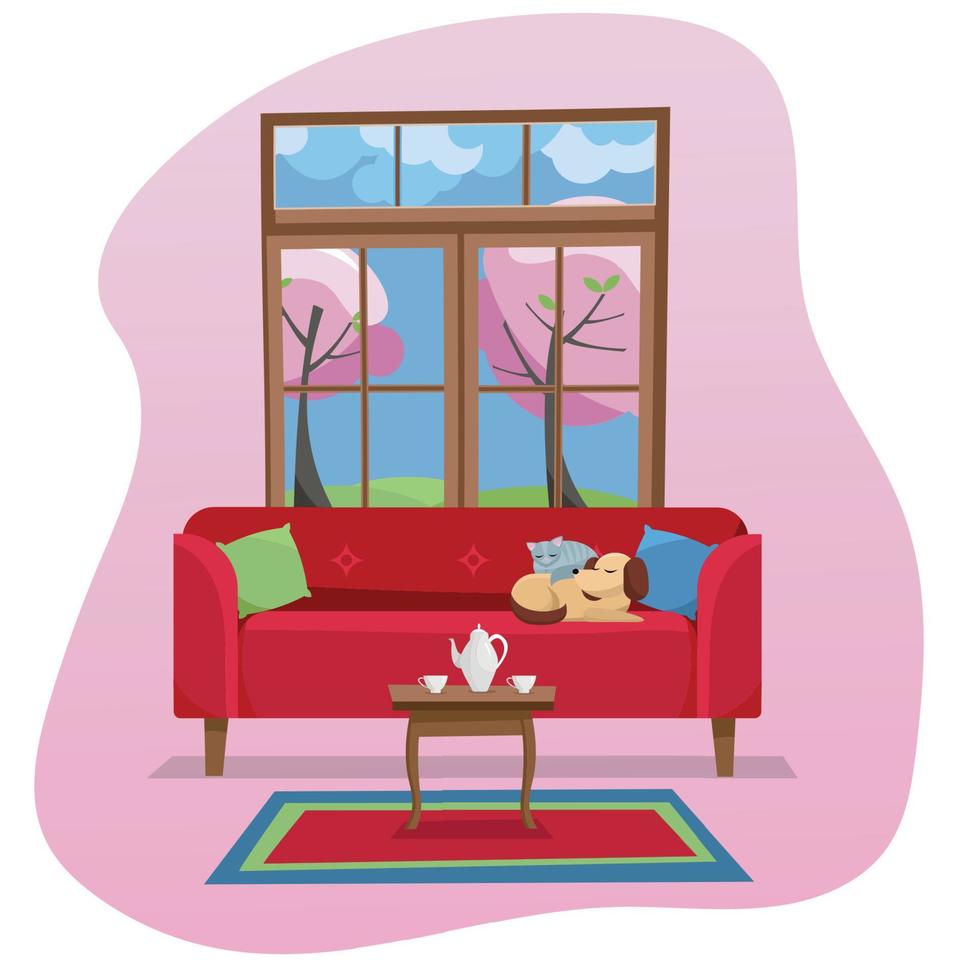 interior da sala de estar do conceito de design plano moderno no ponto de cor no fundo branco. sofá vermelho com mesa, tapete, no quarto com grande janela. fora da natureza da primavera com árvores floridas. vetor plano de desenho animado