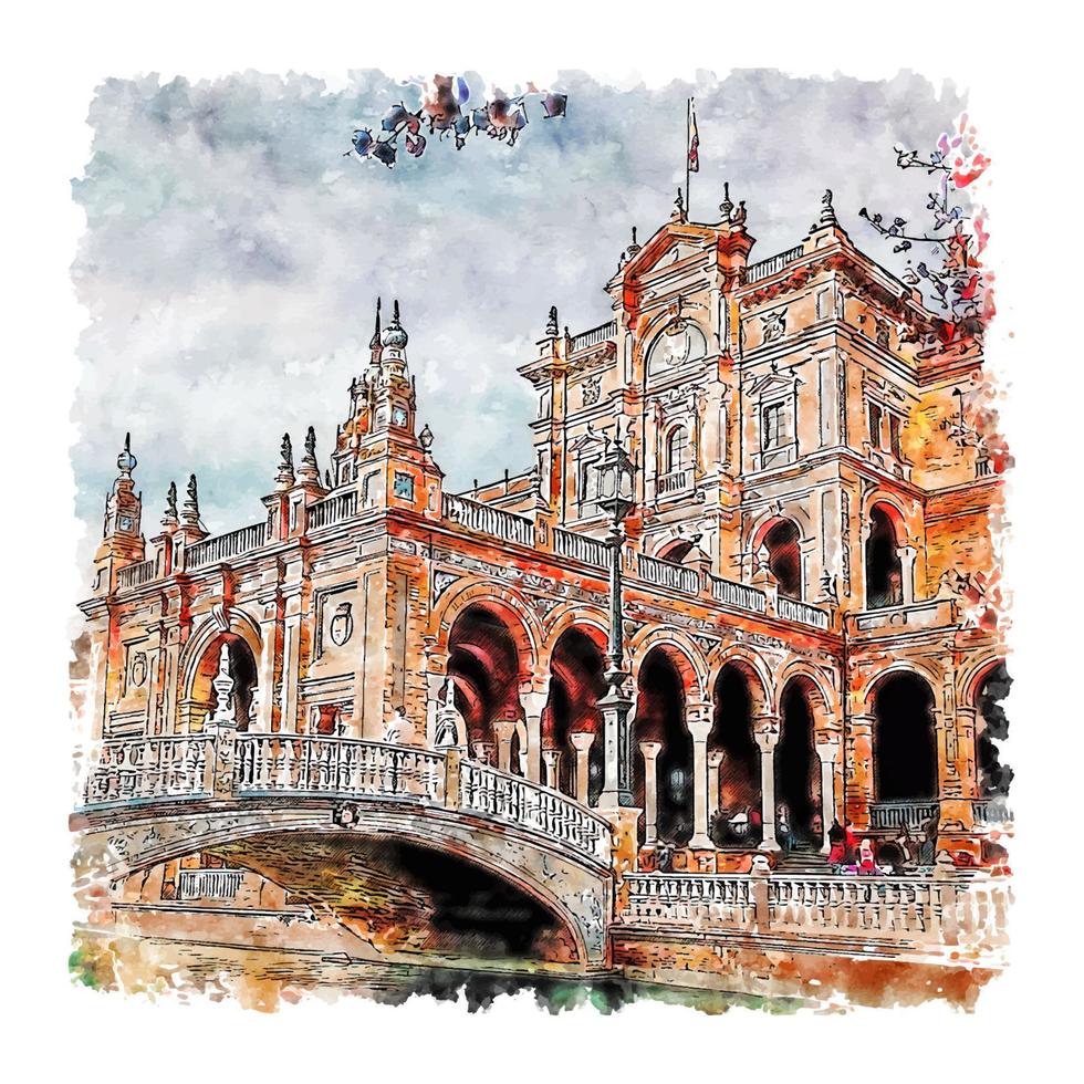 sevilha espanha esboço em aquarela ilustração desenhada à mão vetor