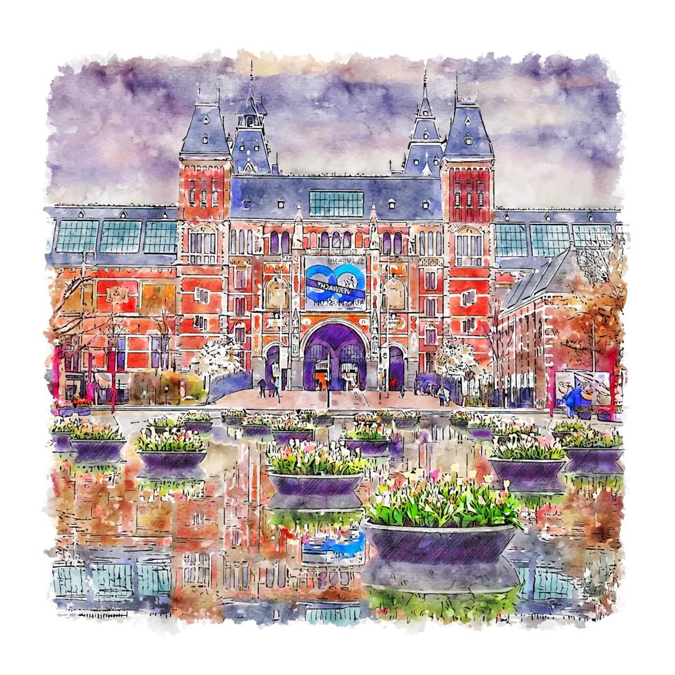 rijksmuseum amsterdam esboço em aquarela ilustração desenhada à mão vetor