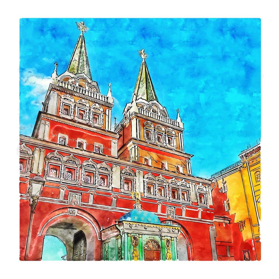 quadrado vermelho moscou rússia aquarela desenho ilustração desenhada à mão vetor