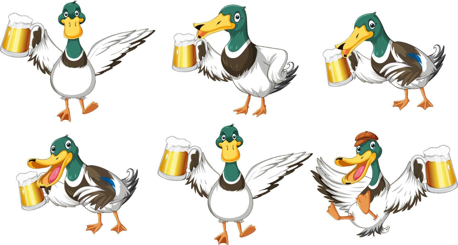 conjunto de patos diferentes segurando copos de cerveja vetor