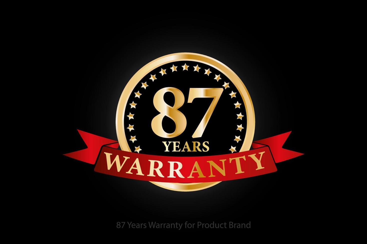 87 anos de garantia logotipo dourado com anel e fita vermelha isolada em fundo preto, desenho vetorial para garantia do produto, garantia, serviço, corporativo e seu negócio. vetor