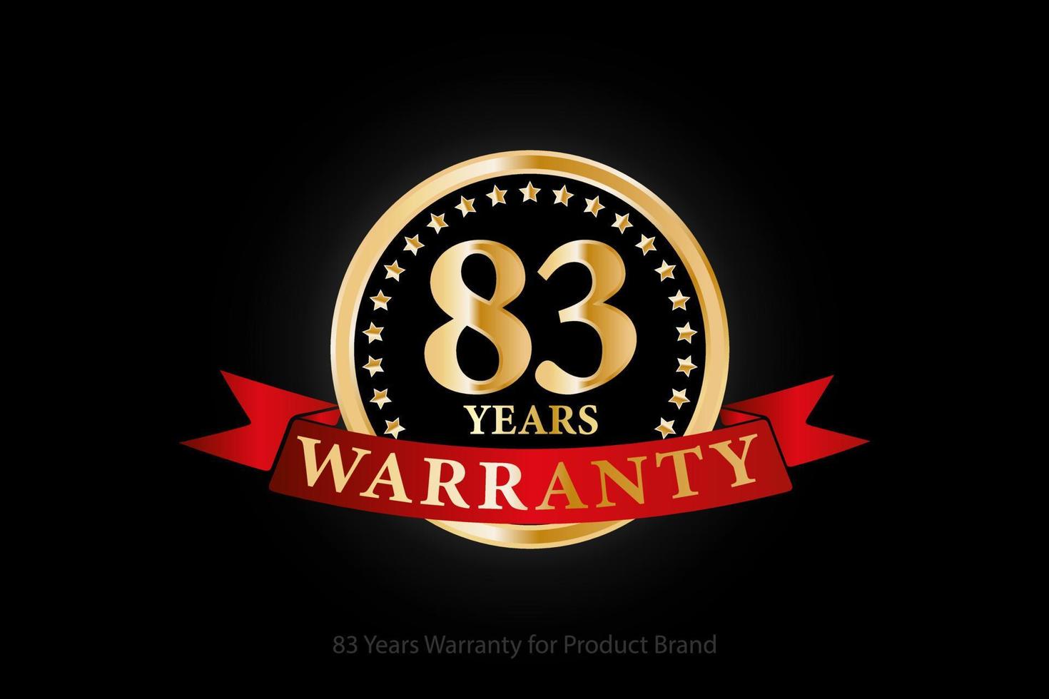 83 anos de garantia logotipo dourado com anel e fita vermelha isolada em fundo preto, desenho vetorial para garantia do produto, garantia, serviço, corporativo e seu negócio. vetor