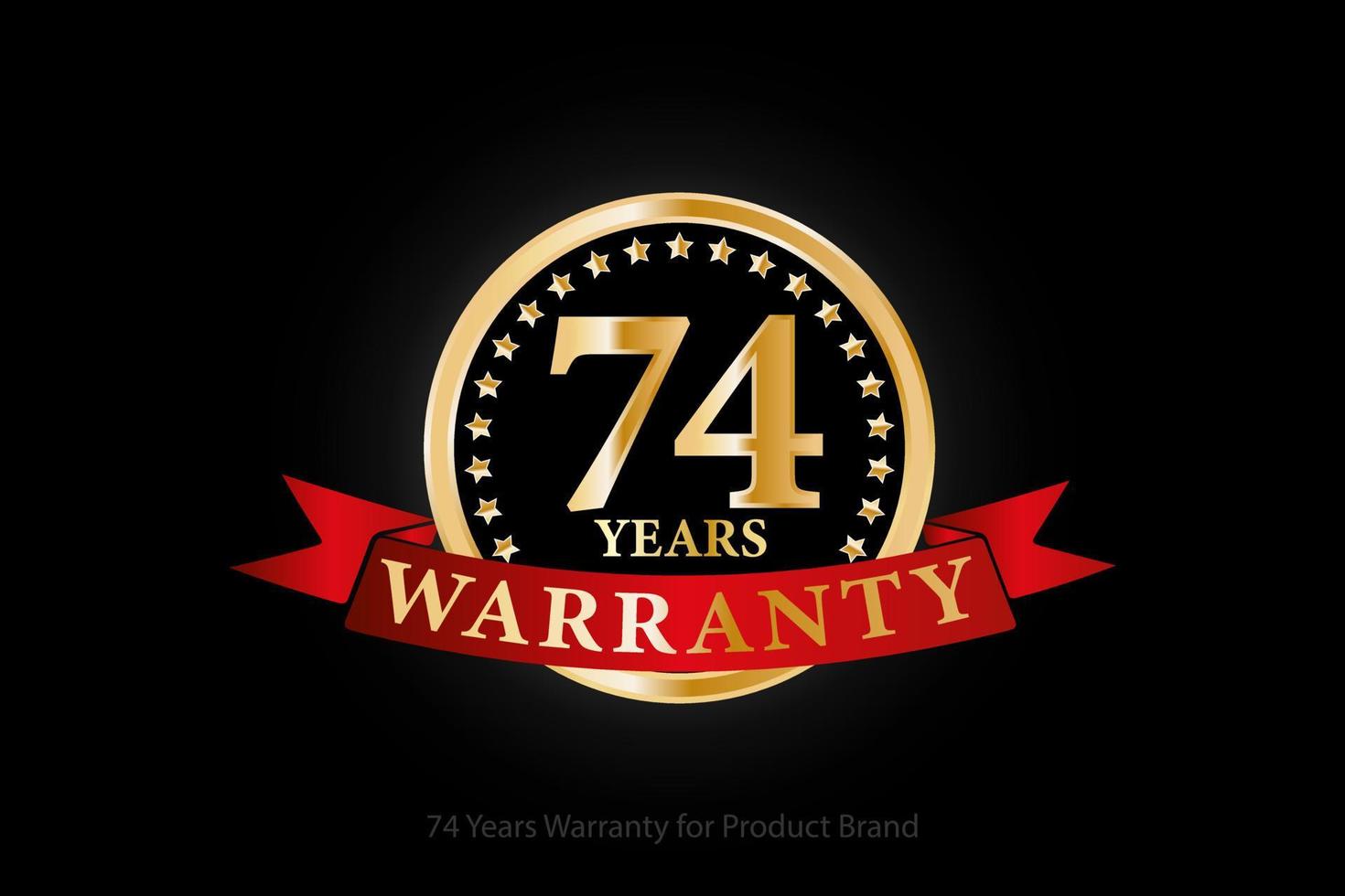 74 anos de garantia logotipo dourado com anel e fita vermelha isolada em fundo preto, desenho vetorial para garantia do produto, garantia, serviço, corporativo e seu negócio. vetor