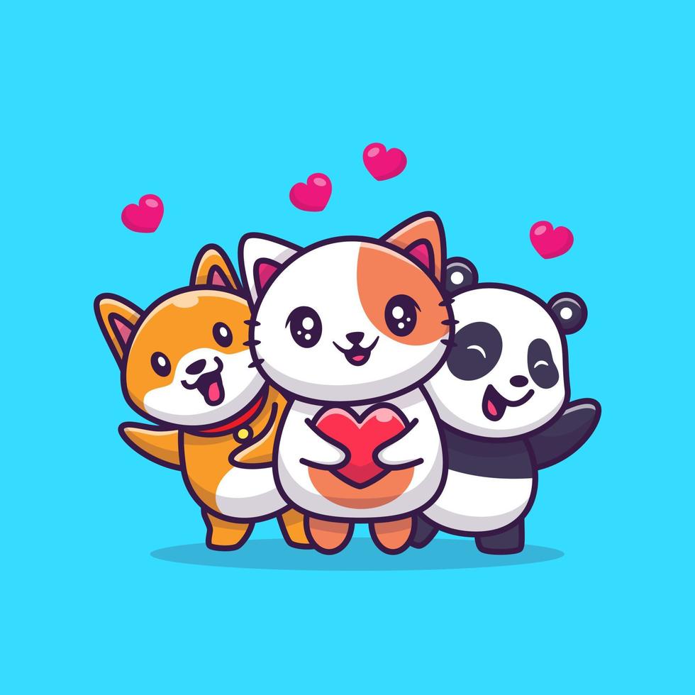 gato bonito, panda e cachorro com ilustração de ícone de vetor de desenho animado de amor. conceito de ícone de amor animal isolado vetor premium. estilo de desenho animado plano