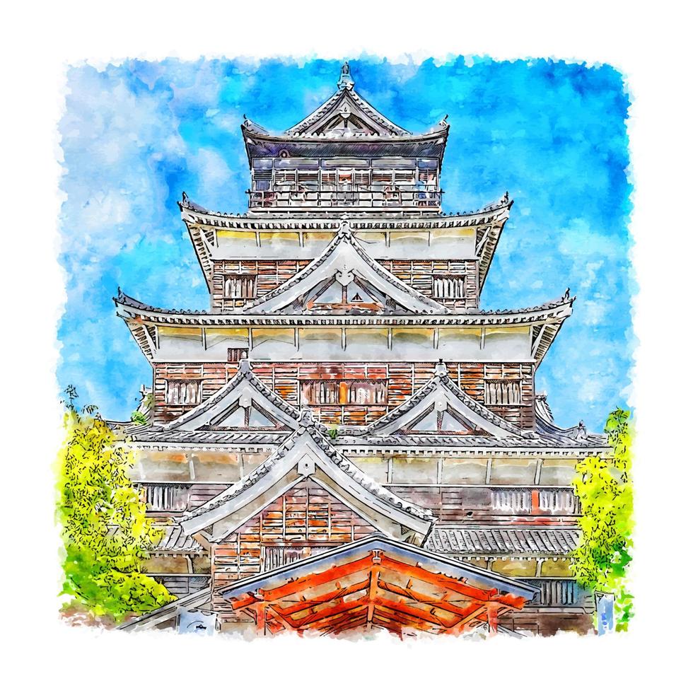 castelo de hiroshima japão desenho em aquarela ilustração desenhada à mão vetor