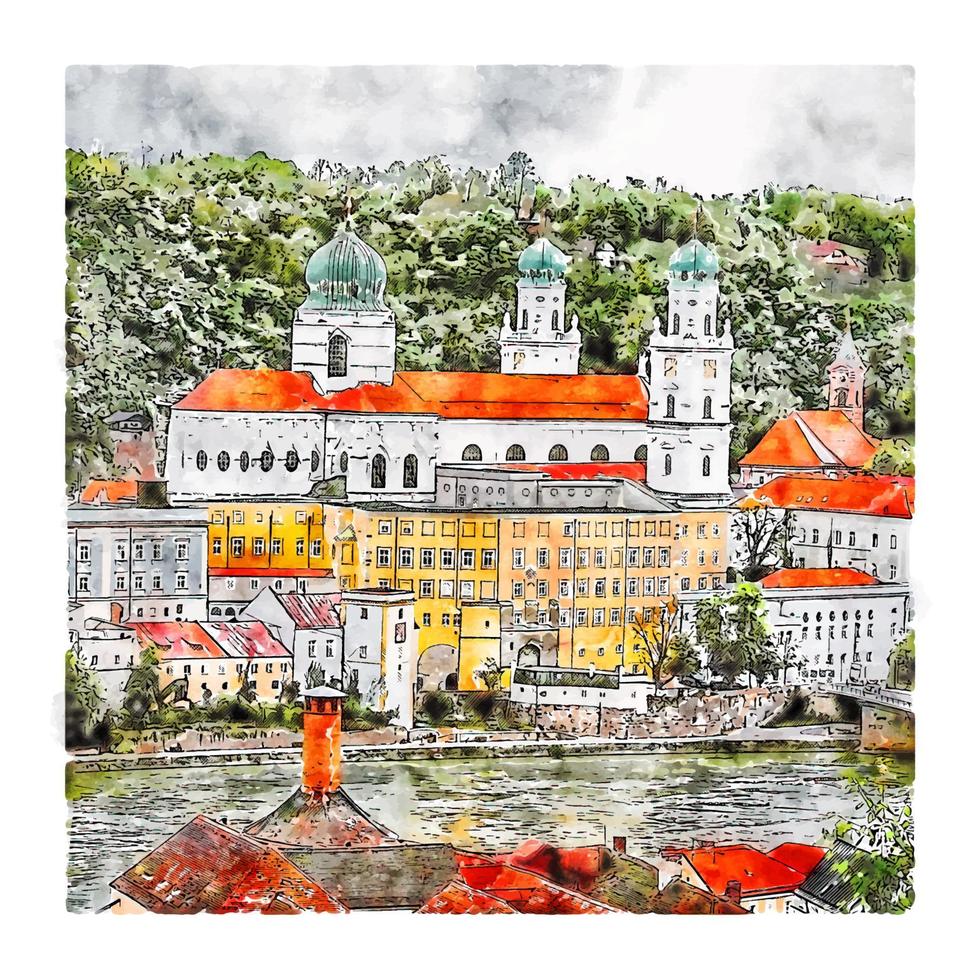 passau alemanha esboço em aquarela ilustração desenhada à mão vetor