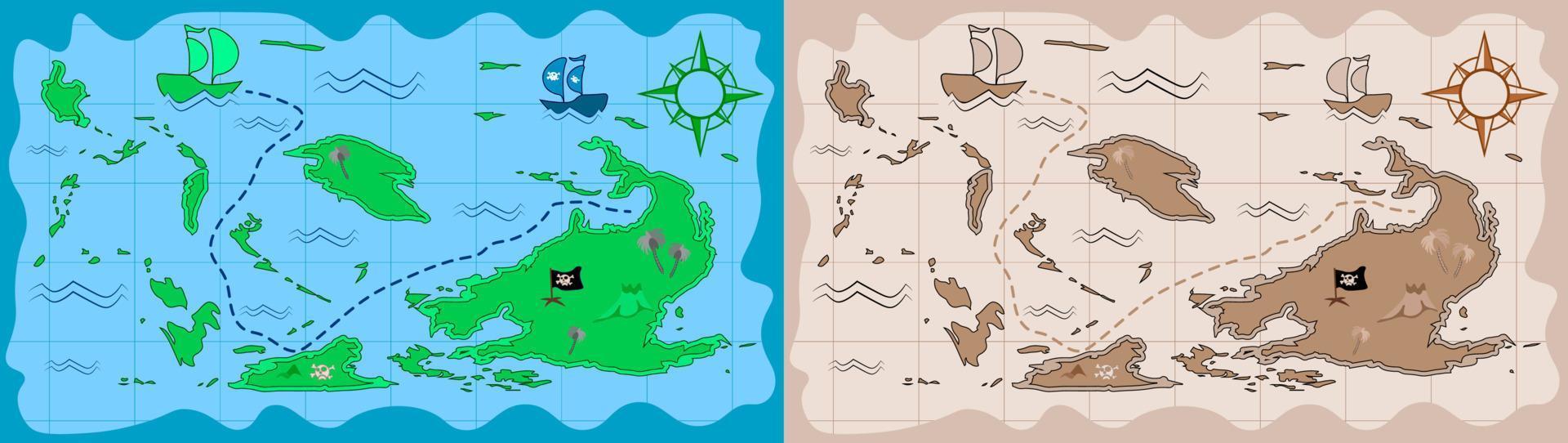 mapa pirata em estilo cartoon. jogos infantis, caça ao tesouro. mapa antigo com rota de caça ao tesouro. vetor