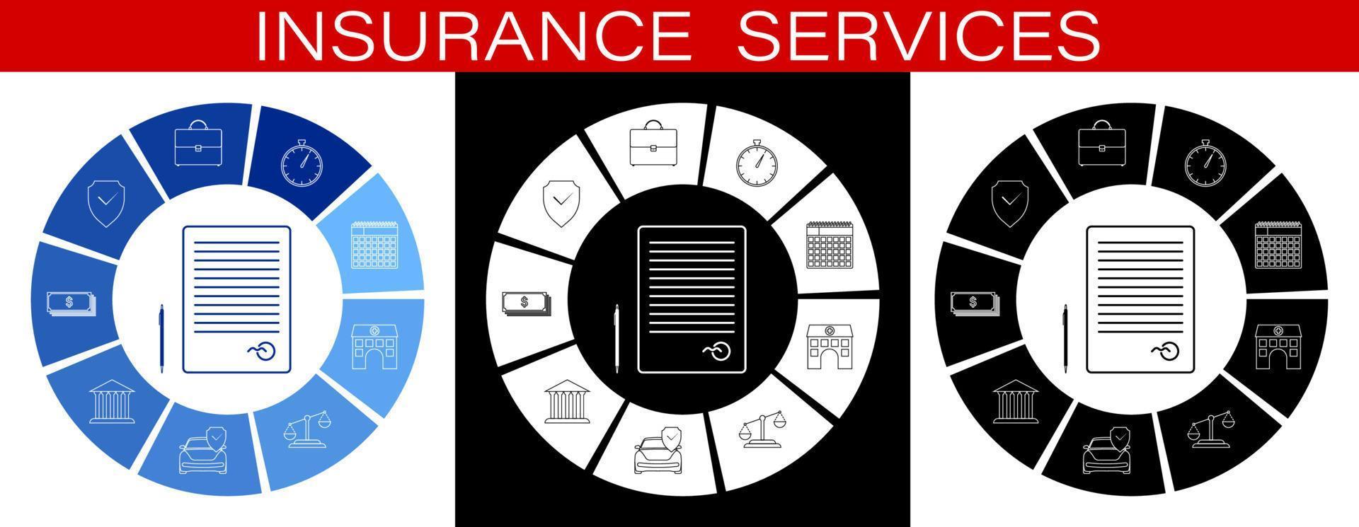 infográficos de ícones de seguros. vida, saúde, propriedade, infográficos de seguro de depósito bancário. vetor