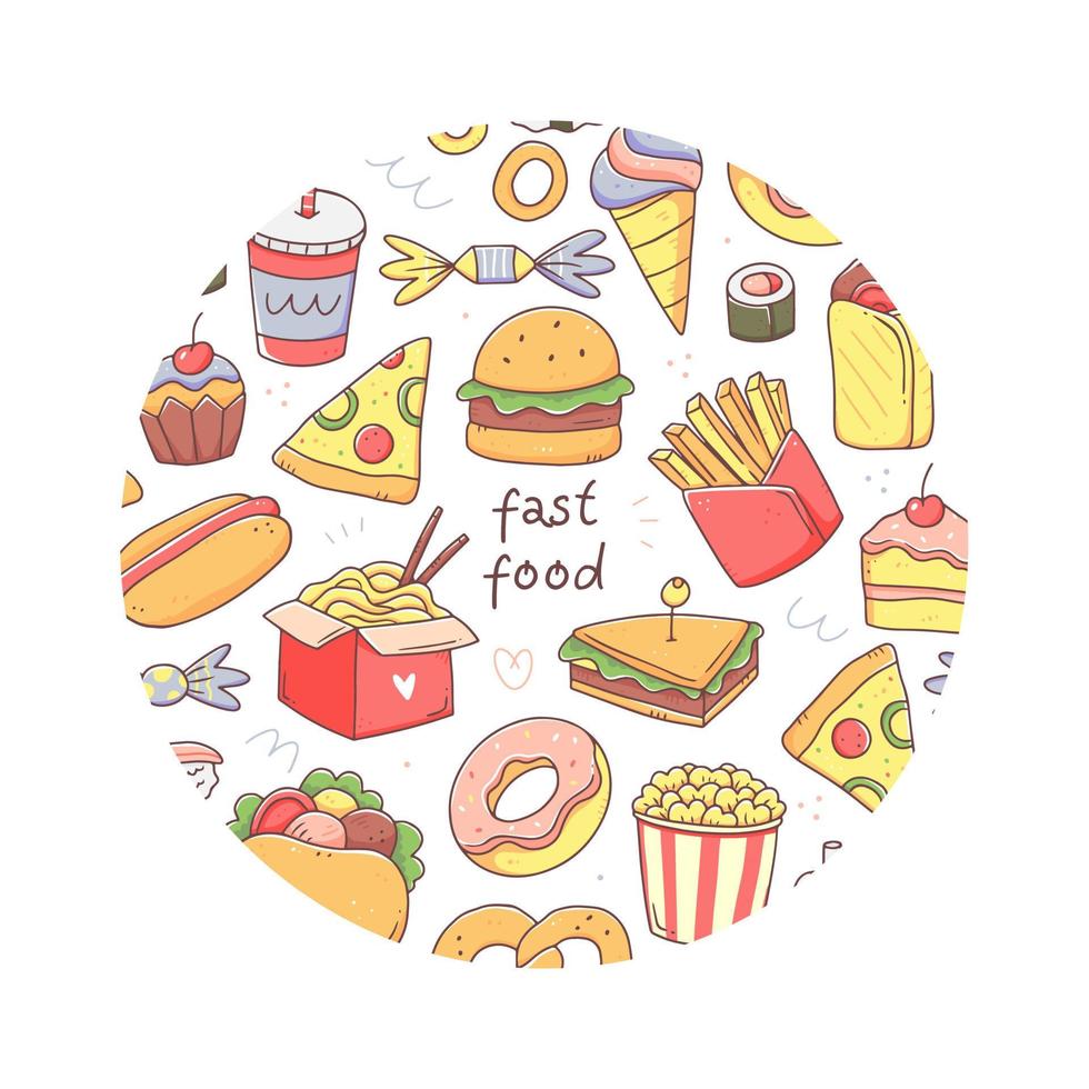 forma de círculo com fast food em estilo kawaii doodle e texto. ilustração de clipart de comida isolada em vetor. vetor