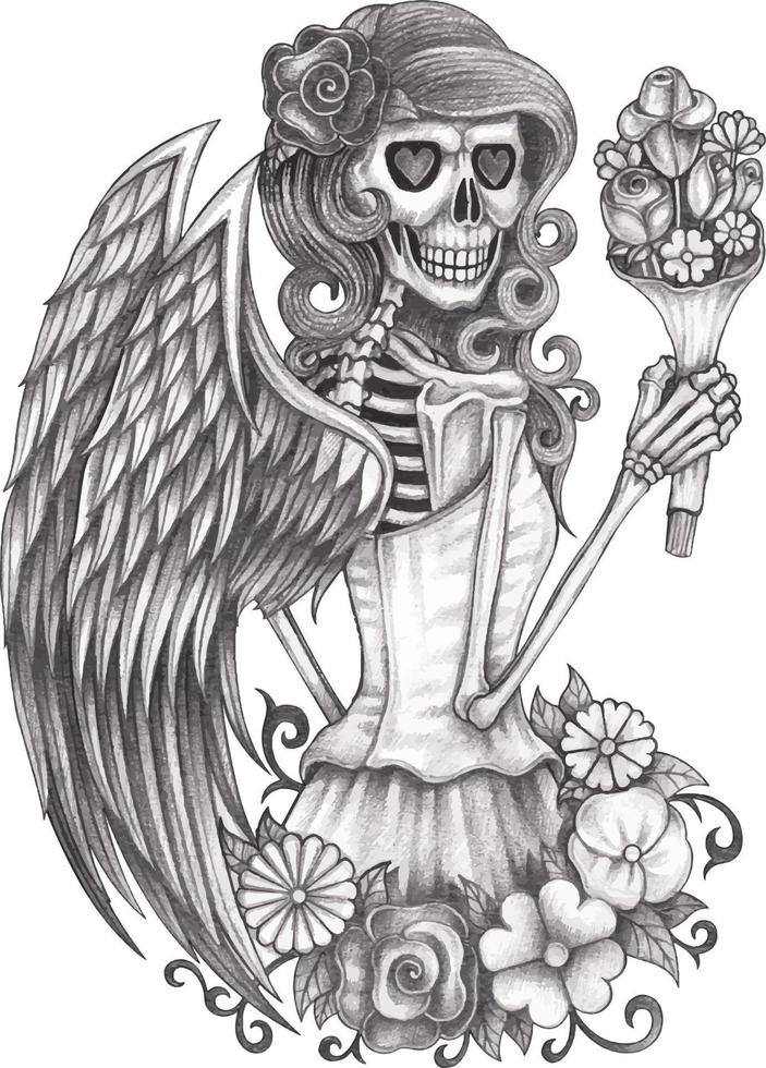 arte fantasia anjo crânio. desenho à mão e fazer vetor gráfico.