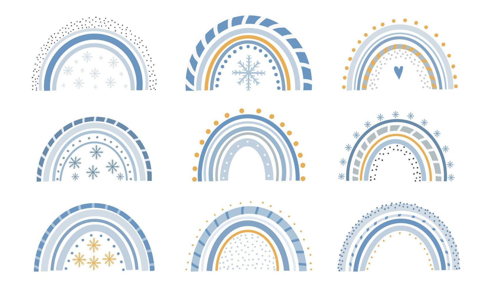 arco-íris mágicos de inverno bonito com flocos de neve em um fundo branco. doce desenho infantil de um arco colorido escandinavo abstrato. ilustração vetorial plana infantil em estilo doodle. vetor